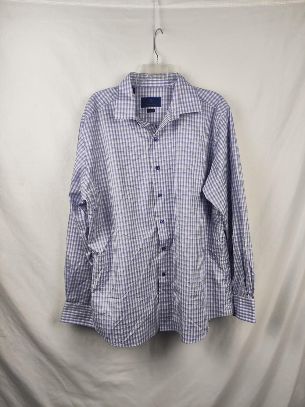 David Donahue Shirt Mens 17.5 34/35 Purple Check Classic Fit Dress Cotton